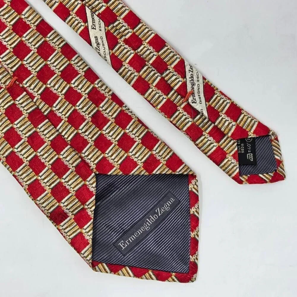 ERMENEGILDO ZEGNA EXCLUSIVE DESIGN SILK TIE RED GOLD GEOMETRIC SATIN 4